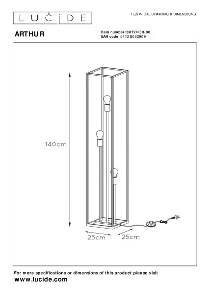 Lucide ARTHUR - Floor lamp - 3xE27 - Black - technical